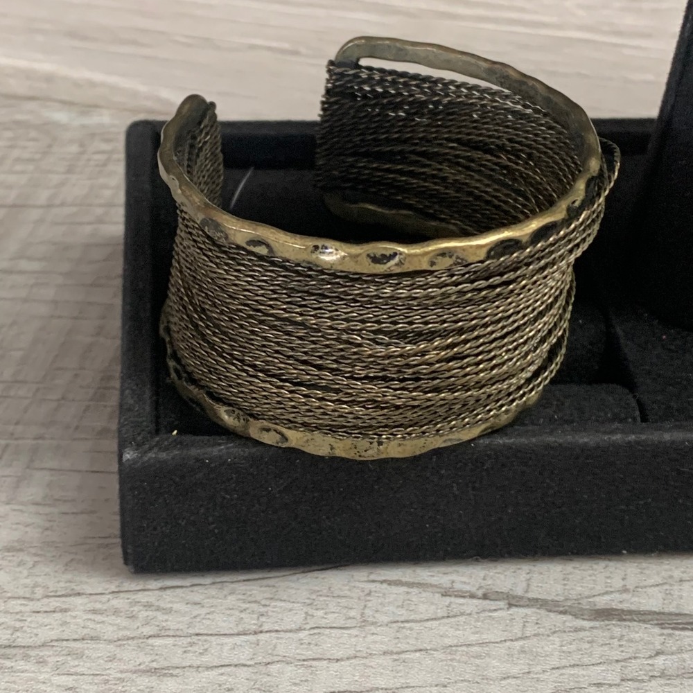 Antique Brass Tone Multi Strand Mesh Cuff Bracelet Hammered Edge Boho Statement